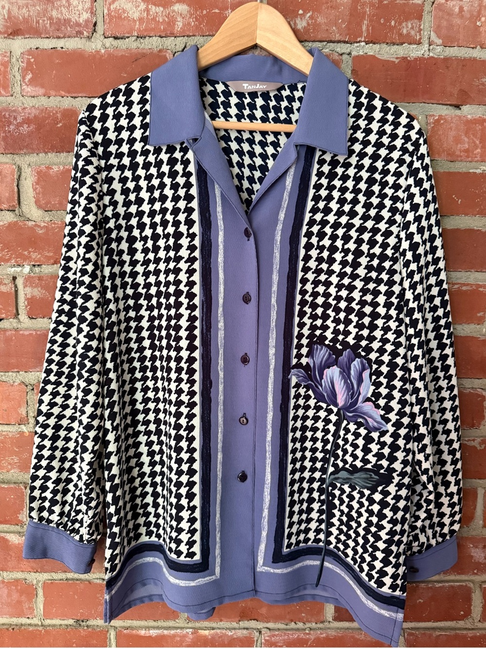 TanJay Lavender, Black & White Houndstooth Floral Button Blouse